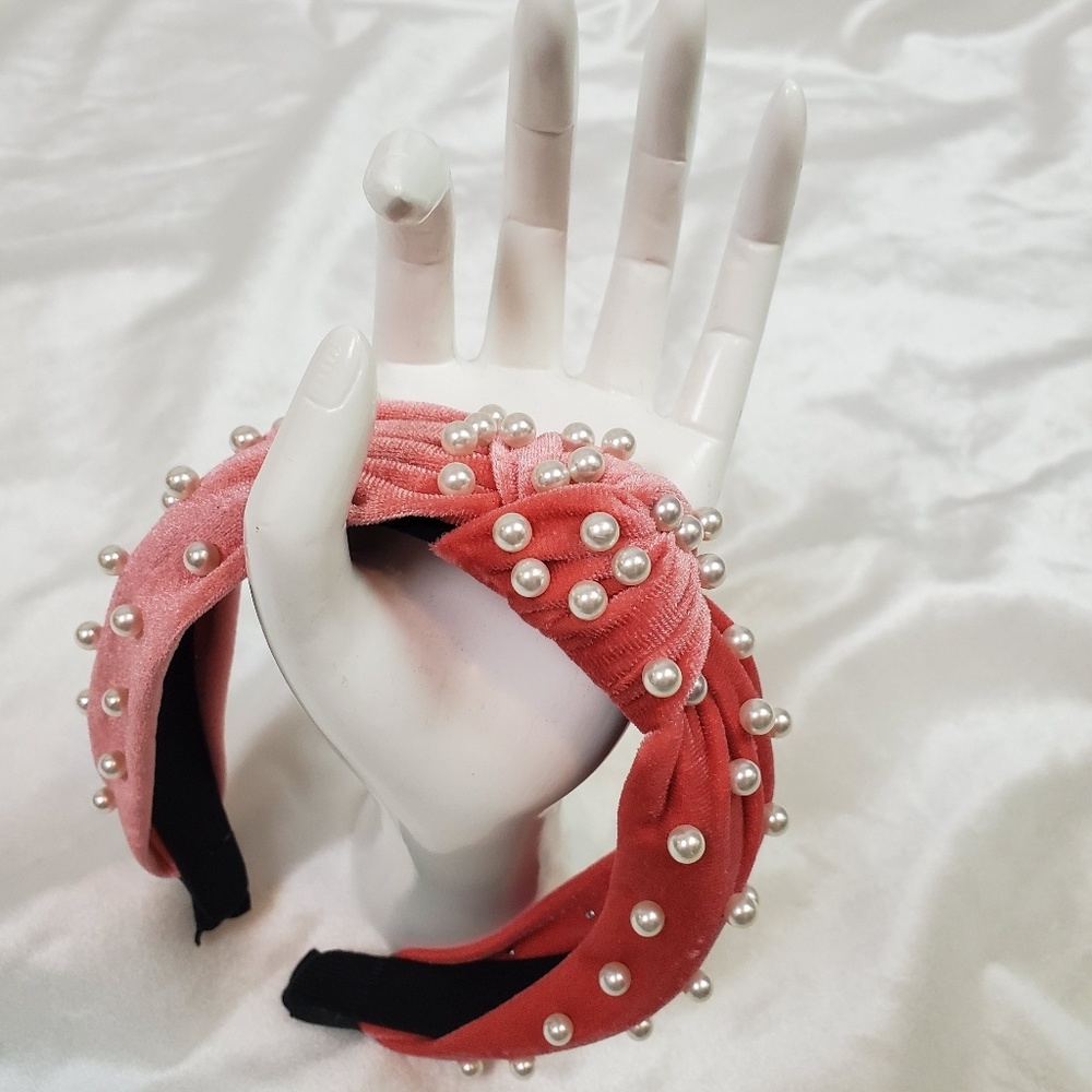 4for$25 Twisted Faux Pearl Velvet Headband Coral